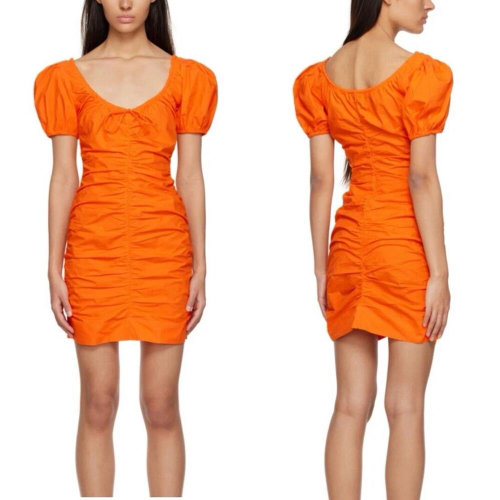 GANNI Orange Puff Sleeve Bodycon Ruched Sheath Dress EU 36 US 4 Festival Retro